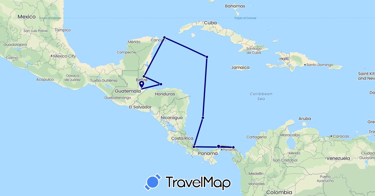 TravelMap itinerary: driving in Belize, Colombia, Guatemala, Honduras, Panama (North America, South America)